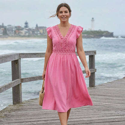 Women's Elegant V-Neck Ruffle Sleeve Dress