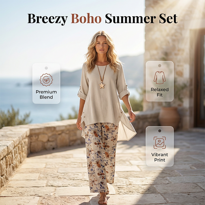 ⏳ Letzter Tag: 50 % Rabatt🔥 Damen 2-Teiler Baumwoll-Leinen Set ✨ Boho Blumenprint, locker & atmungsaktiv für Sommer & Urlaub