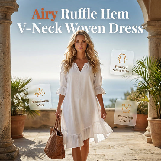 🎉NEUHEIT – ZEITLICH BEGRENZTES ANGEBOT 💞Gewebtes Damenkleid mit Rüschen am Saum und V-Ausschnitt