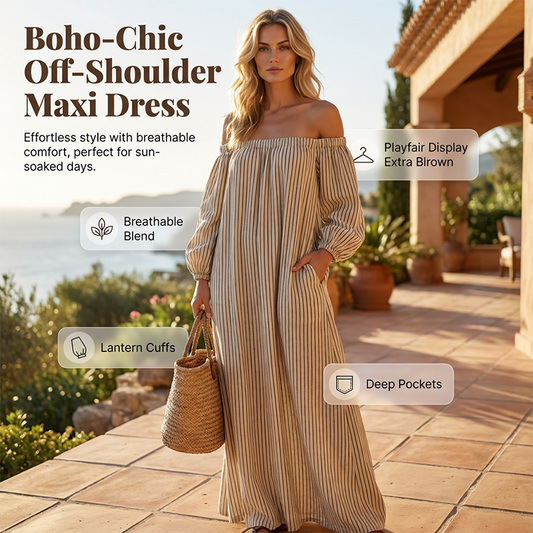 👗 60% RABATT! 🎁 Damen schulterfreies Maxi-Kleid mit Laternenärmeln – Romantisch & luftig – Perfekt für Sommer, Beachpartys oder elegante Abende – femininer Look mit viel Bewegung 🌸✨
