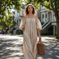 👗 60% RABATT! 🎁 Damen schulterfreies Maxi-Kleid mit Laternenärmeln – Romantisch & luftig – Perfekt für Sommer, Beachpartys oder elegante Abende – femininer Look mit viel Bewegung 🌸✨