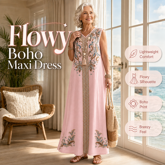 🎐 Fließendes Maxikleid mit Boho-Print✨ Kombiniere es mit einem geflochtenen Sonnenhut mit breiter Krempe und flachen Strandsandalen für einen entspannten Boho-Look im Resort-Stil! ✨