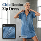 👗Lässiges Jeanshemdkleid für Damen, locker geschnitten, mit Reverskragen, kurzen Ärmeln, Reißverschluss und Taschen