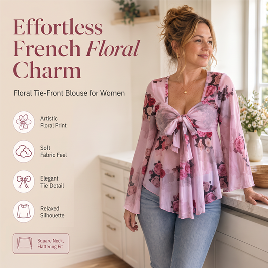🌺Damenbluse mit Blumenmuster, quadratischem Ausschnitt und geknoteter Vorderseite