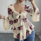 🌺Damenbluse mit Blumenmuster, quadratischem Ausschnitt und geknoteter Vorderseite