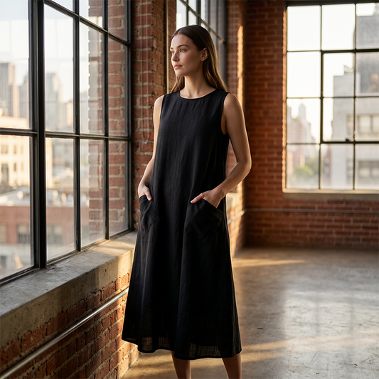Ärmelloses Freizeitkleid für Damen mit Rundhalsausschnitt – locker sitzendes Maxikleid im Leinen-Look mit Taschen