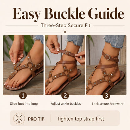 Flache Riemchensandalen für Damen im Gladiator-Stil mit Nieten, Knöchelriemen und Zehenschlaufe – Strandschuhe