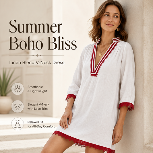 🌙 Heute um Mitternacht vorbei – verpassen Sie es nicht, sonst warten Sie ein Jahr! Lockeres Baumwoll-Leinen-Kleid mit V-Ausschnitt für Damen