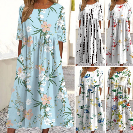 👗🌸 Elegantes langes Damenkleid mit Blumenmuster und Rundhalsausschnitt