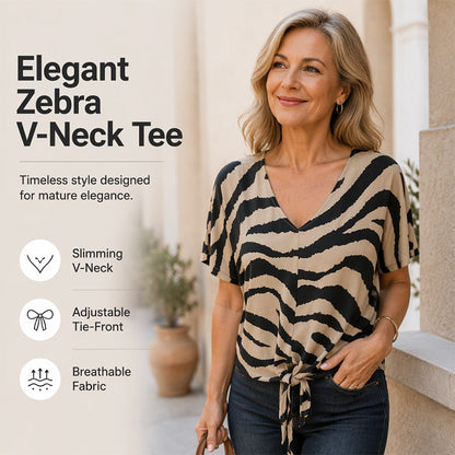 🔥🎁Neu 50% RABATT🔥 Damen-T-Shirt mit V-Ausschnitt und Bindeband vorne im Zebra-Muster