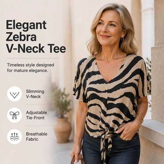 🔥🎁Neu 50% RABATT🔥 Damen-T-Shirt mit V-Ausschnitt und Bindeband vorne im Zebra-Muster