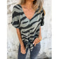 🔥🎁Neu 50% RABATT🔥 Damen-T-Shirt mit V-Ausschnitt und Bindeband vorne im Zebra-Muster