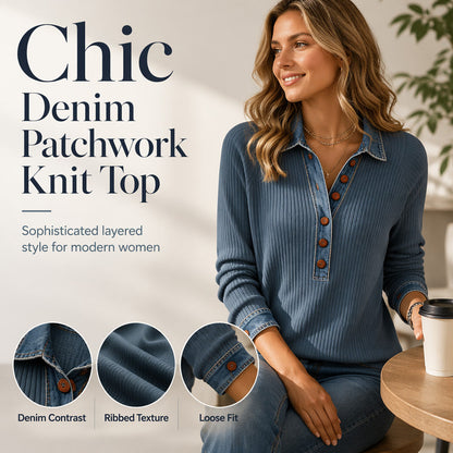 Langärmliges Patchwork-Strickoberteil für Damen mit Jeanskragen