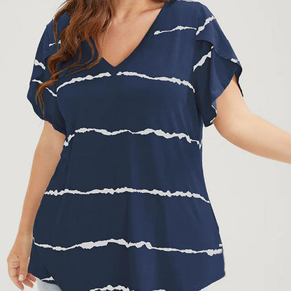 🏖️Sommer-Sonderangebot: 50 % Rabatt🏝️👚Gestreiftes Kurzarm-T-Shirt mit V-Ausschnitt in Übergröße✨