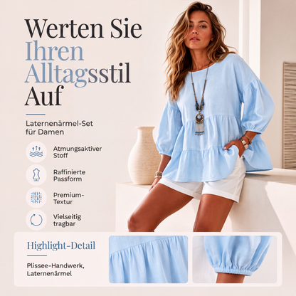 Damen Sommerbluse mit Laternenärmeln und gestuften Rüschen