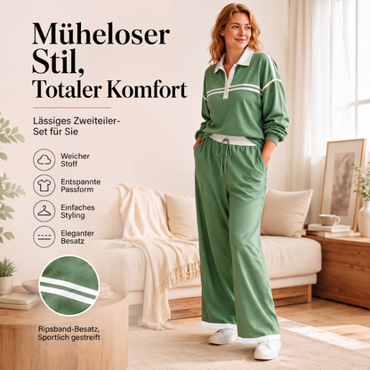 Gestricktes Sweatshirt mit Streifenpatchwork und Weite-Hosen-Set für Damen