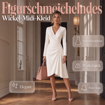 Wickel-Midikleid für Damen mit V-Ausschnitt, langen Ärmeln und geraffter Taille