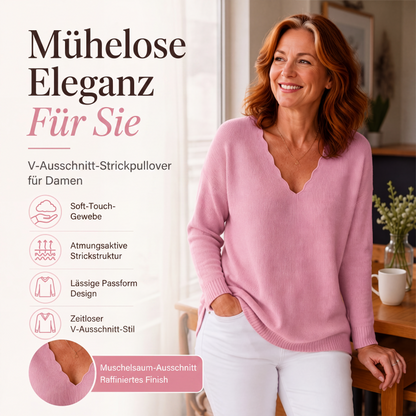 Damen Strickpullover mit Muschelkante-V-Ausschnitt