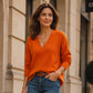 Damen Strickpullover mit Muschelkante-V-Ausschnitt