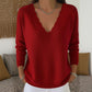 Damen Strickpullover mit Muschelkante-V-Ausschnitt