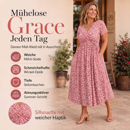 Elegantes Damenkleid mit V-Ausschnitt und Blumendruck