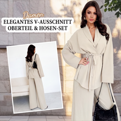 Elegantes 2-teiliges Set für Damen: V-Ausschnitt-Oberteil & Weite Hosen