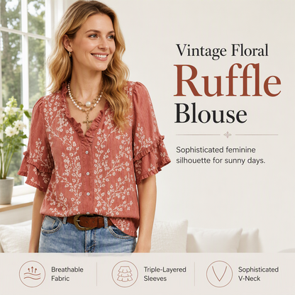 Vintage-Oberteil für Damen mit Blumenmuster und gerüschtem V-Ausschnitt
