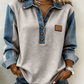 Damen Jeans-Patchwork-Langarmhemd mit Kragen