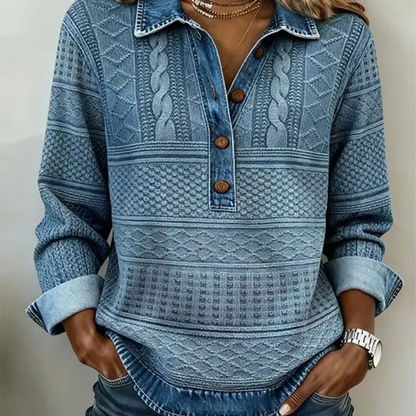 Damen Jeans-Patchwork-Langarmhemd mit Kragen