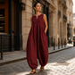 Ärmelloser V-Ausschnitt Weite-Beine Jumpsuit für Damen mit Taschen