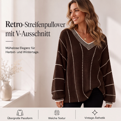Locker sitzender gestreifter Damen-Freizeitpullover mit V-Ausschnitt