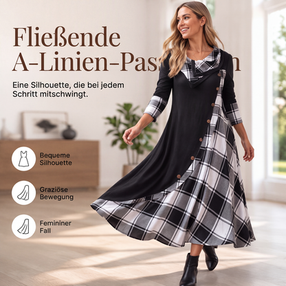 Damen Maxikleid mit Karomuster und Kragen im Patchwork-Stil