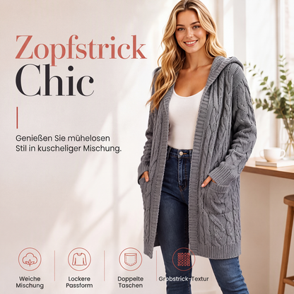 Lange Strickjacke mit Kapuze und Taschen für Damen
