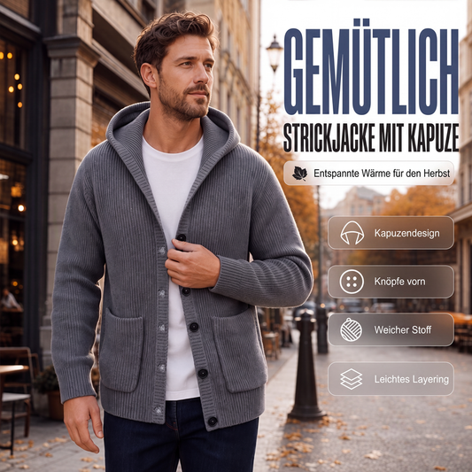 Herren-Strickcardigan mit Kapuze, lässige, lockere Strickjacke mit Knöpfen