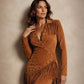 Damen Langarm-Kleid mit Fransen in Slim-Fit-Form