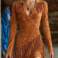Damen Langarm-Kleid mit Fransen in Slim-Fit-Form