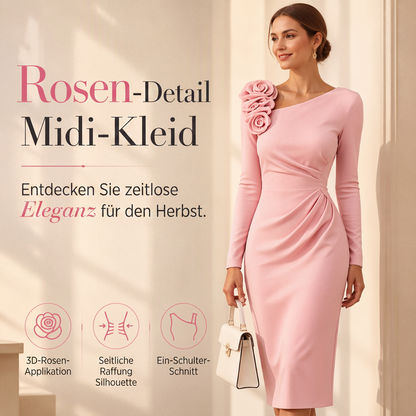 Midi-Kleid für Damen mit Raffungen und 3D-Rosendetails