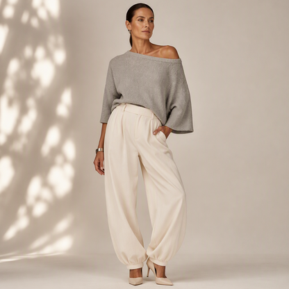 Damen-Set aus schulterfreiem Strickoberteil und lässigen Hosen