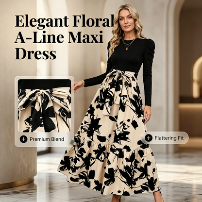 Damen Maxikleid im A-Linien-Schnitt mit Blumenmuster und langen Ärmeln