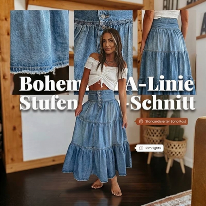 Damen Jeans-Maxirock mit hoher Taille, gestuftem A-Linien-Schnitt