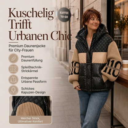 Damen Steppjacke mit Patchwork-Muster und Kapuze