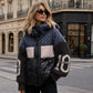 Damen Steppjacke mit Patchwork-Muster und Kapuze