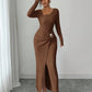 ⏰ Countdown läuft – 50% nur noch 3 Tage! Damen Herbst Winter Einfarbiges Stricktextur Langes Kleid mit Unregelmäßigem Ausschnitt