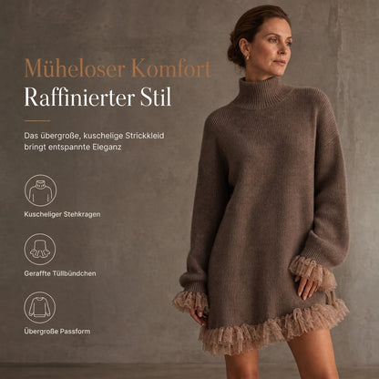 ❤️ Beliebt bei über 10.000 Kunden! 💬 Oversized Strickkleid im Mock-Neck-Stil mit Rüschen-Tüllbesatz