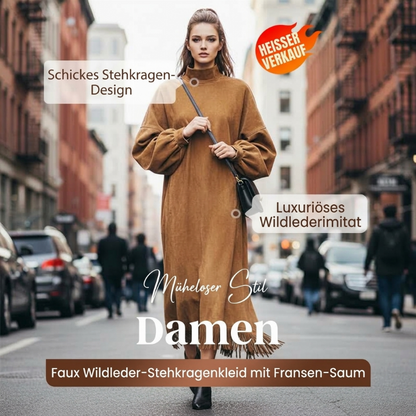 Damen-Kunstwildlederkleid mit hohem Kragen und Fransensaum