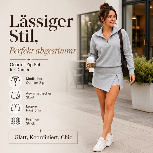 📢📢 50%Rabatt!!!🛍️✨Damen-Set mit Pullover mit halbem Reißverschluss und asymmetrischem Wickel-Skort
