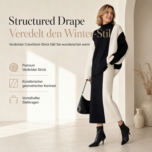 📢🎉 50% Rabatt + Gratis Versand! 🚚✨ Herbst-Winter Farbblock Strick Zweiteiler Damen – Verdickter Pullover und Rock