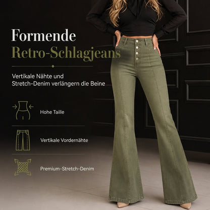 🔥 50% RABATT 👖 Olivgrüne High-Waist-Schlagjeans für Damen – Knopfleiste & vertikale Frontnähte