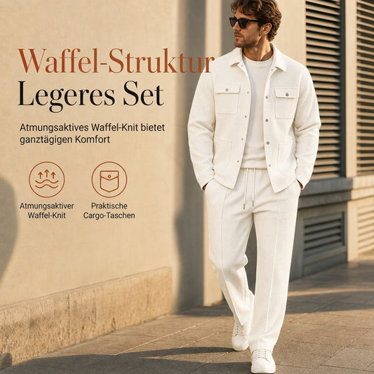 🔥 Beliebtes Produkt ！✨Zweiteiliges Set aus legerer Waffelstrickjacke und passender Hose für Herren