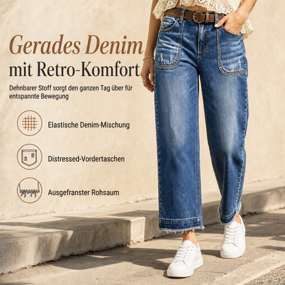 🔥 50% RABATT 👖 Damen Vintage Straight-Leg Jeans – dehnbar, Distressed-Taschen & Fransen-Saum